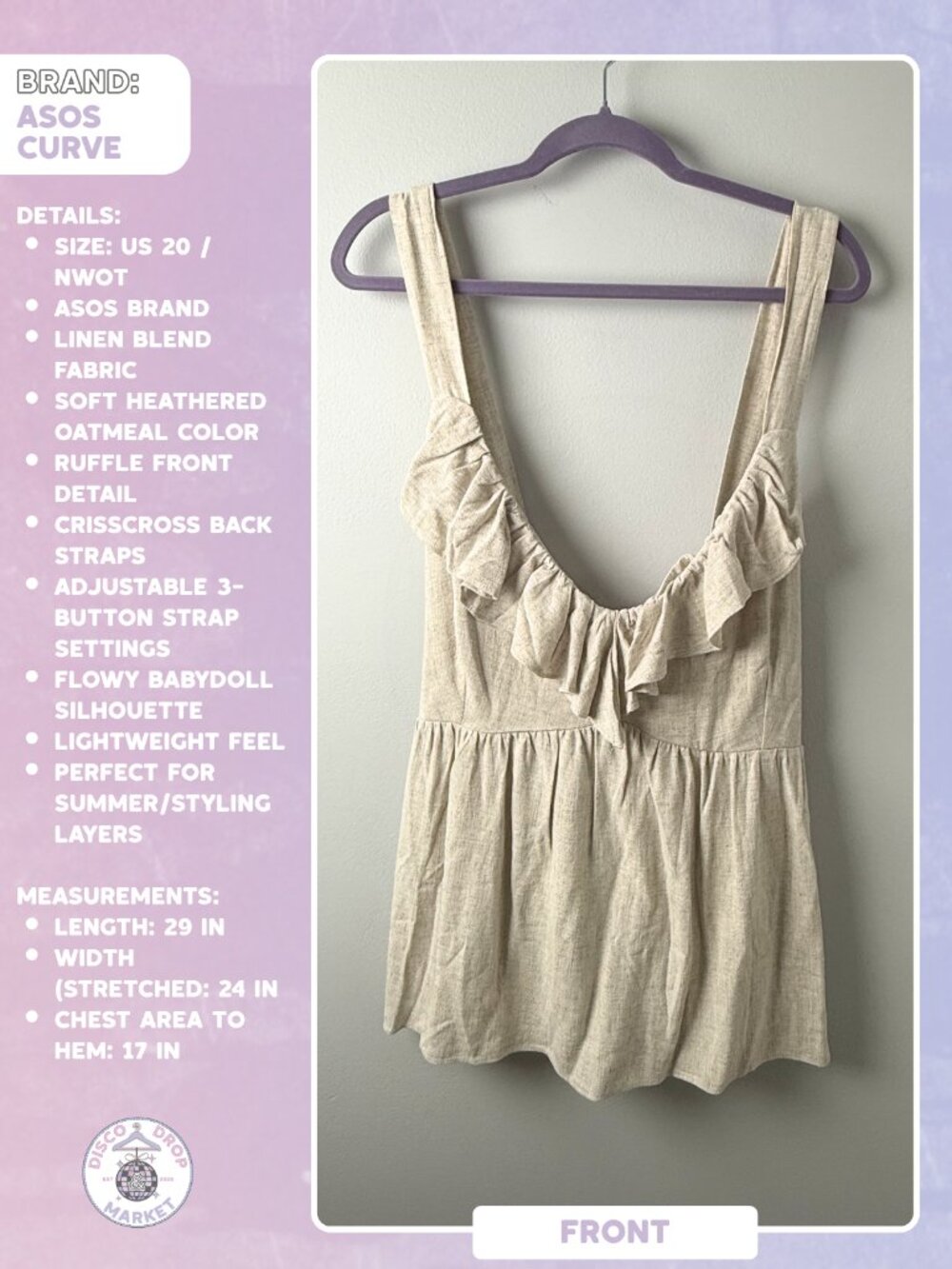 ASOS Curve Linen Blend Ruffle Babydoll Tank Top US 20